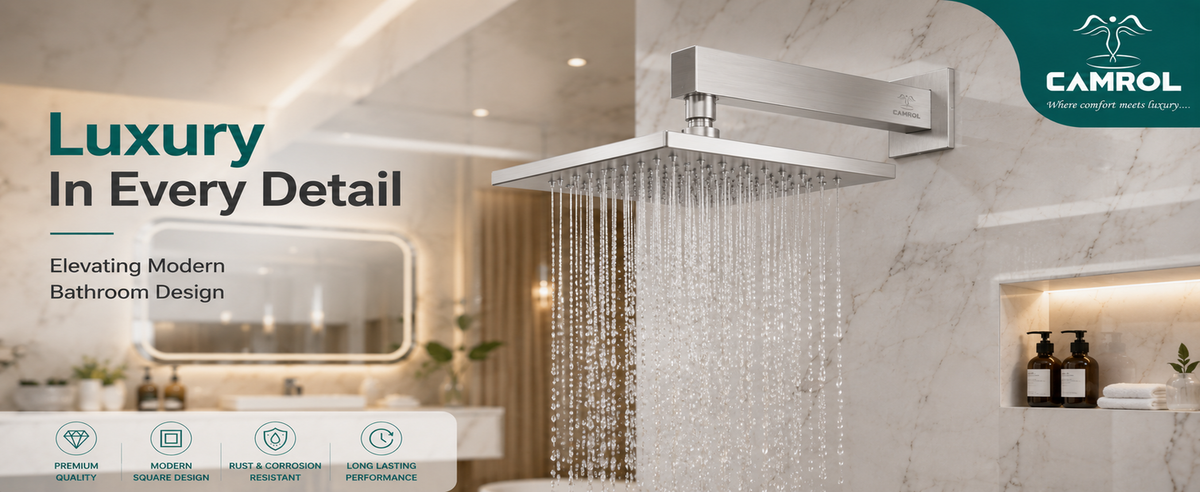 Camrol Square Stainless Steel Shower Arm with Wall Flange | Chrome Polished Finish