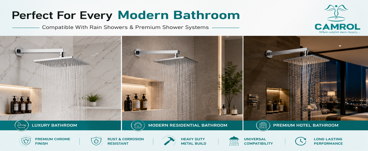 Camrol Rectangle Stainless Steel Shower Arm with Wall Flange | Chrome Finish | Wall Mount for Overhead Shower