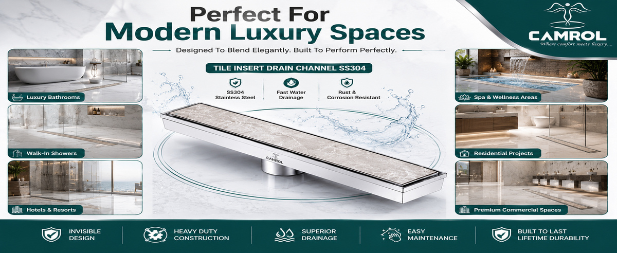 Camrol Tile Insert Shower Drain Channel | 304 Stainless Steel Invisible Shower Drain Channel | Drain Channel with Cockroach Trap and Side Hole