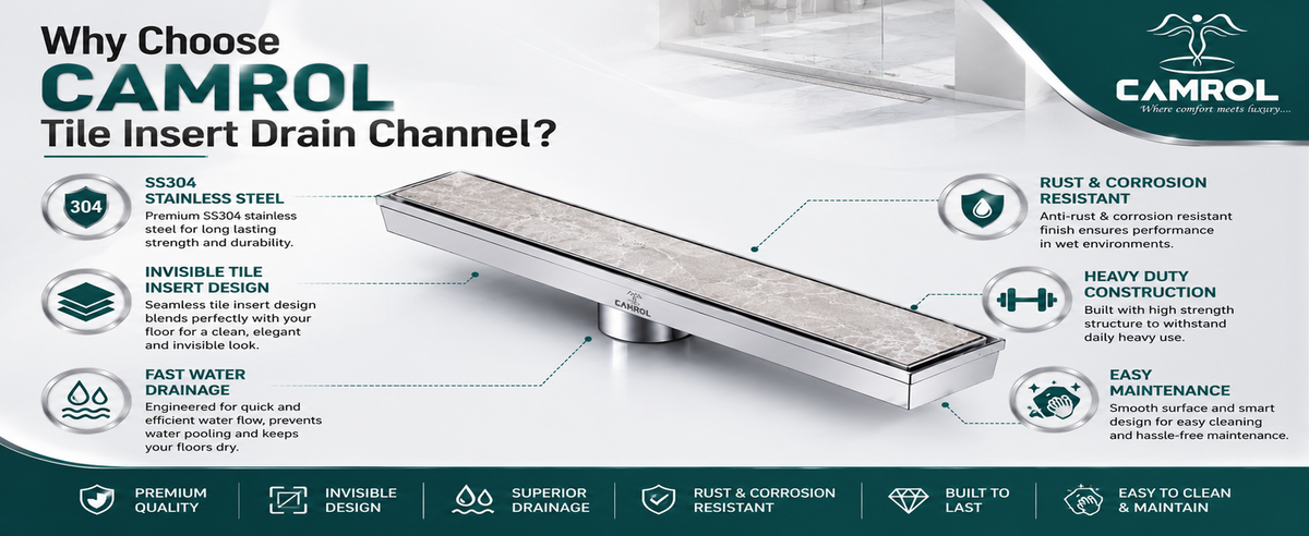 Camrol Tile Insert Shower Drain Channel | 304 Stainless Steel Invisible Shower Drain Channel | Drain Channel with Cockroach Trap and Side Hole