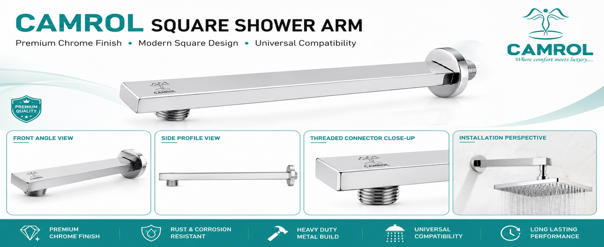 Camrol Rectangle Stainless Steel Shower Arm with Wall Flange | Chrome Finish | Wall Mount for Overhead Shower