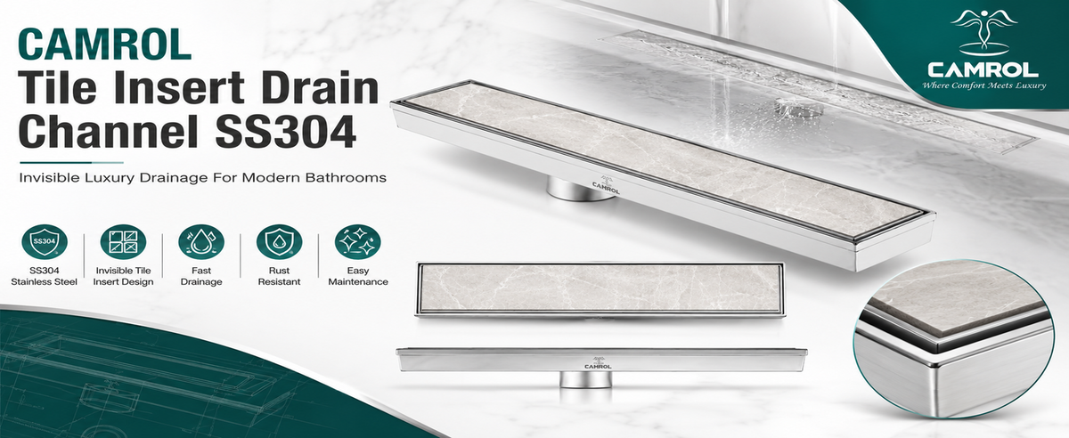 Camrol Tile Insert Shower Drain Channel | 304 Stainless Steel Invisible Shower Drain Channel | Drain Channel with Cockroach Trap and Side Hole