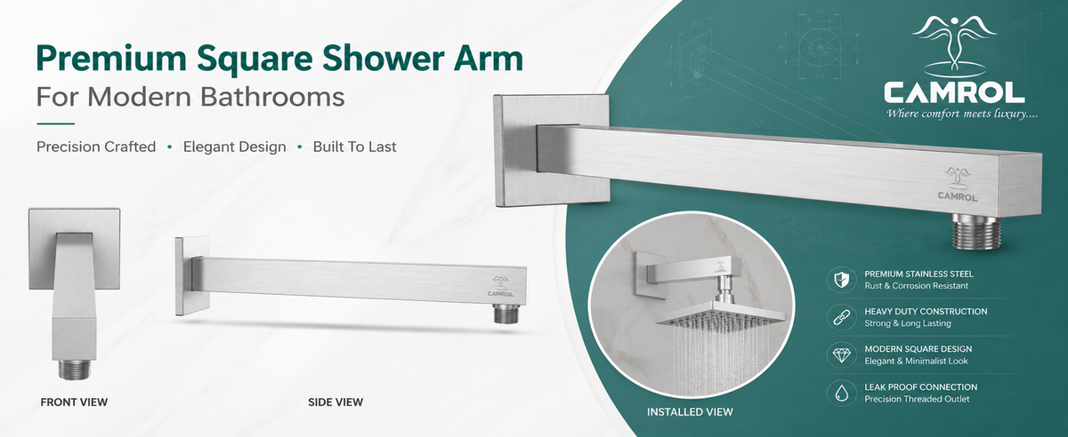 Camrol Square Stainless Steel Shower Arm with Wall Flange | Chrome Polished Finish