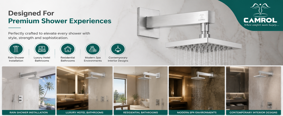Camrol Square Stainless Steel Shower Arm with Wall Flange | Chrome Polished Finish