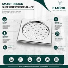 Camrol 5 x 5 Inches Stainless Steel Square Flat Cut Floor Water Drain |Premium Locking Square Plain & Hole Jali Grating Trap with Lock | Bathroom & Kitchen Drain Cover | Rust & Corrosion Resistant | Silver