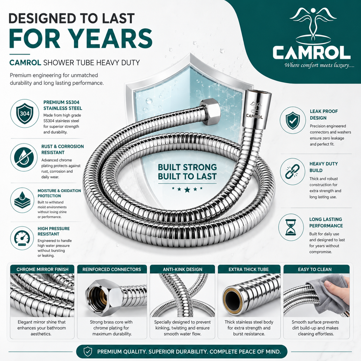 Camrol Stainless Steel 304 Shower Tube Brass Fitting Heavy Flexible Health Faucet Hose Pipe | Rust Resistant | Chrome | For Health Faucets & Hand Showers