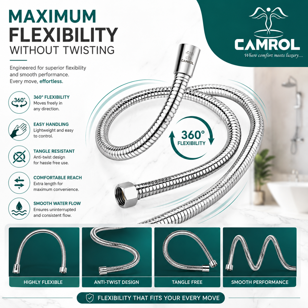 Camrol Stainless Steel 304 Shower Tube Brass Fitting Heavy Flexible Health Faucet Hose Pipe | Rust Resistant | Chrome | For Health Faucets & Hand Showers