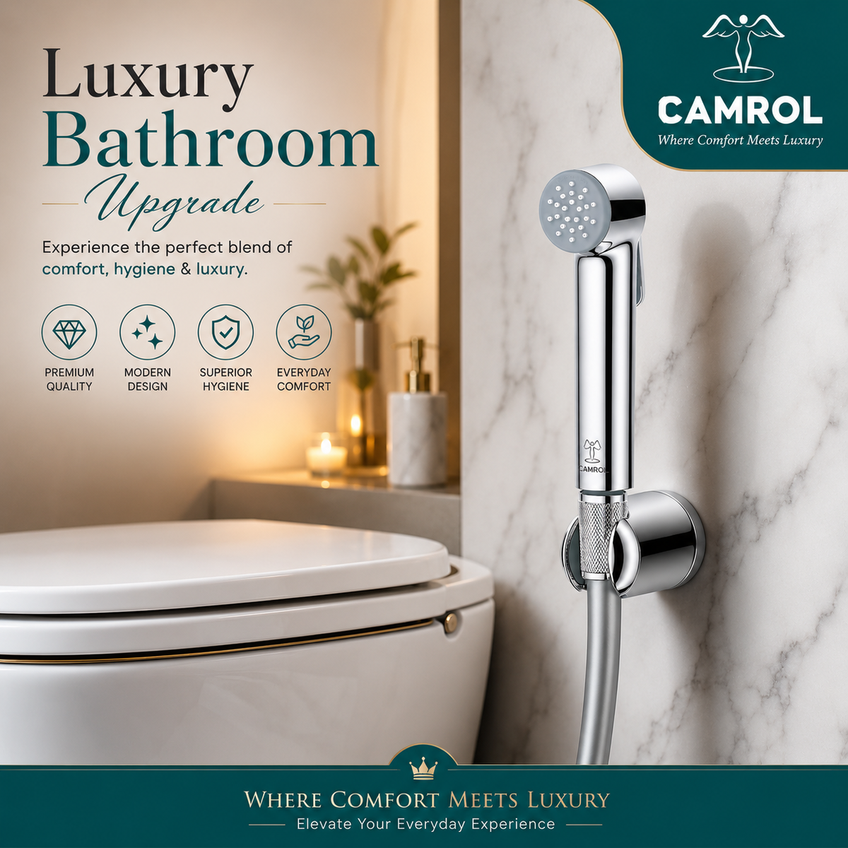 Camrol ABS Grohe Gun Health Faucet with 1000mm Flexible Twist-Free Hose & Holder | Jet Spray for Toilet | Powerful Cleaning | Chrome Finish