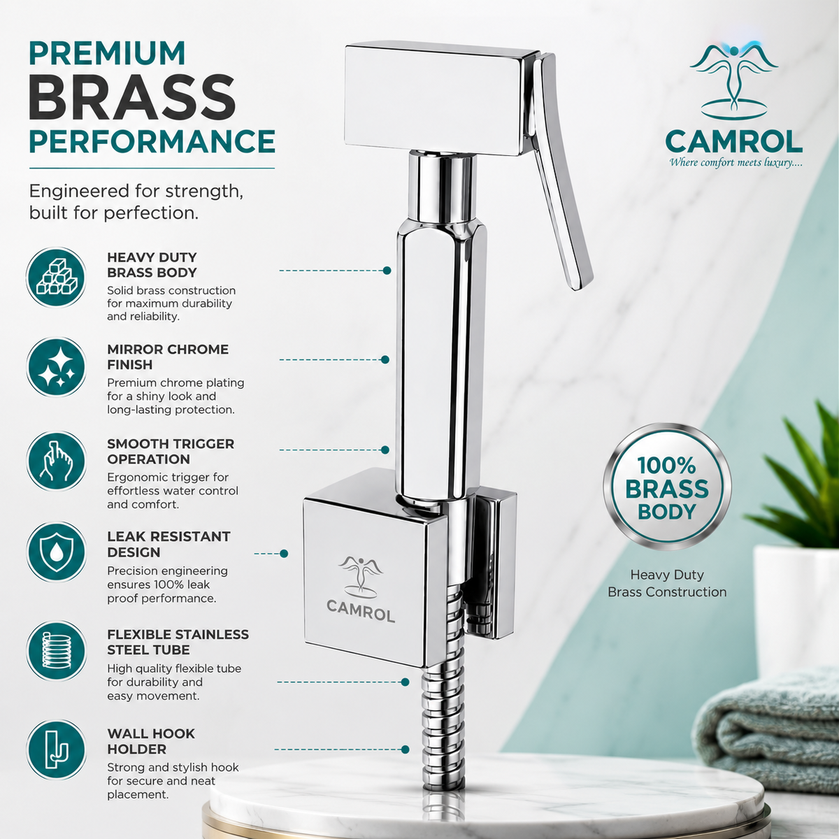 Camrol Pure Brass Hex Gun Tube With Sumo Hook Health Faucet | Jet Spray for Toilet | Health Faucet Gun | Hand Shower for Toilet | Chrome Finish