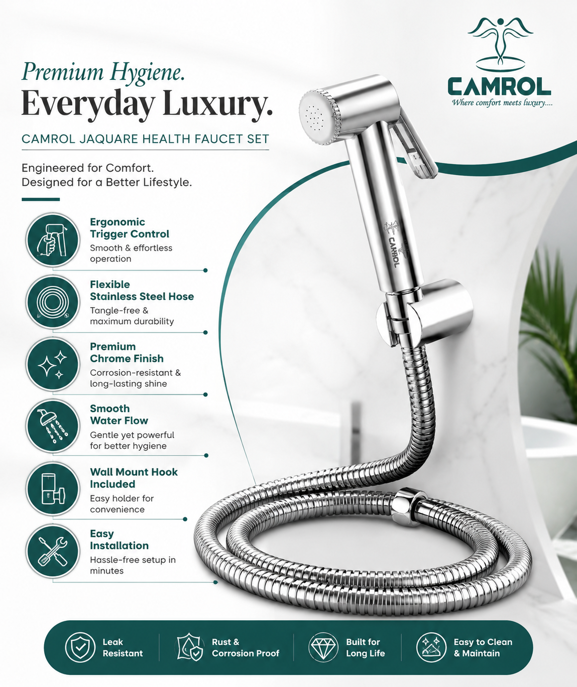 Camrol Jaguar ABS Tube with ABS Hook Health Faucet Gun | Hand Jet Bidet Spray Head | Health Faucet for Bathroom | Wall Mount Installation | Chrome