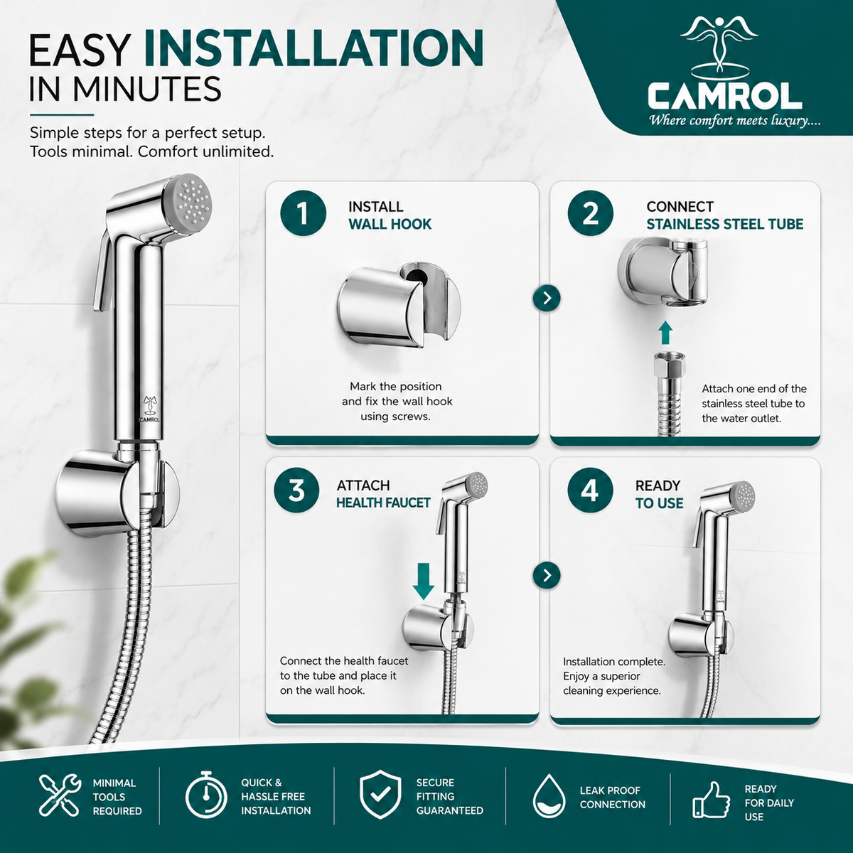 Camrol ABS Grohe Gun Tube with ABS Hook Health Faucet with 1000mm Flexible Hose | Jet Spray for Toilet | Powerful Cleaning | Wall Mounted | Chrome Finish