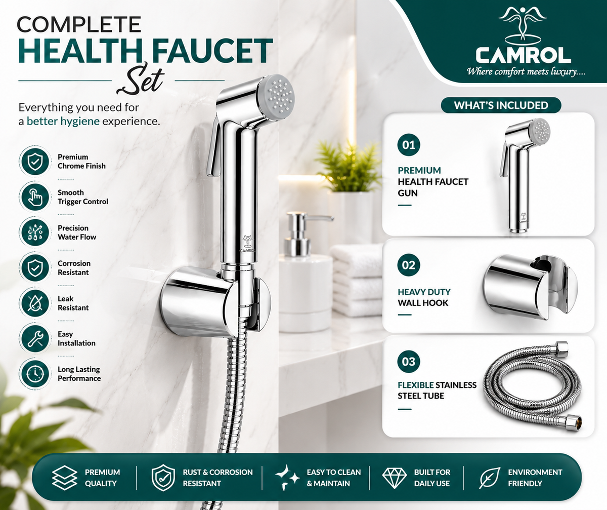 Camrol ABS Grohe Gun Tube with ABS Hook Health Faucet with 1000mm Flexible Hose | Jet Spray for Toilet | Powerful Cleaning | Wall Mounted | Chrome Finish