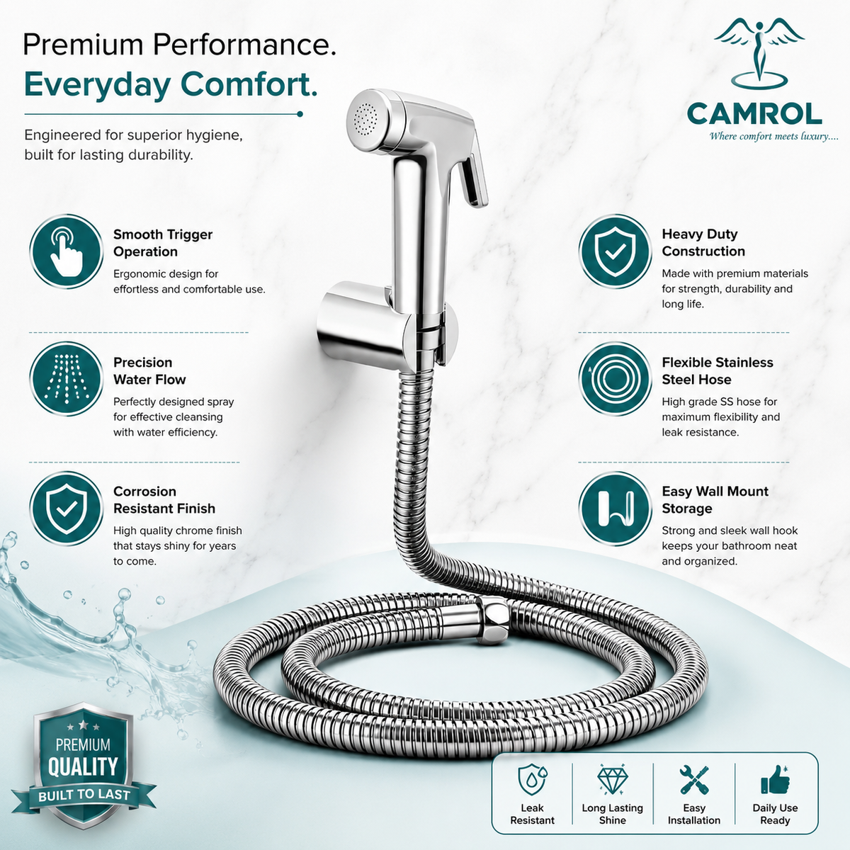 Camrol Conti Heavy Duty Med Tube & ABS Gun Health Faucet with 304 Grade Stainless Steel Hose & Wall Hook | Jet Spray Toilet