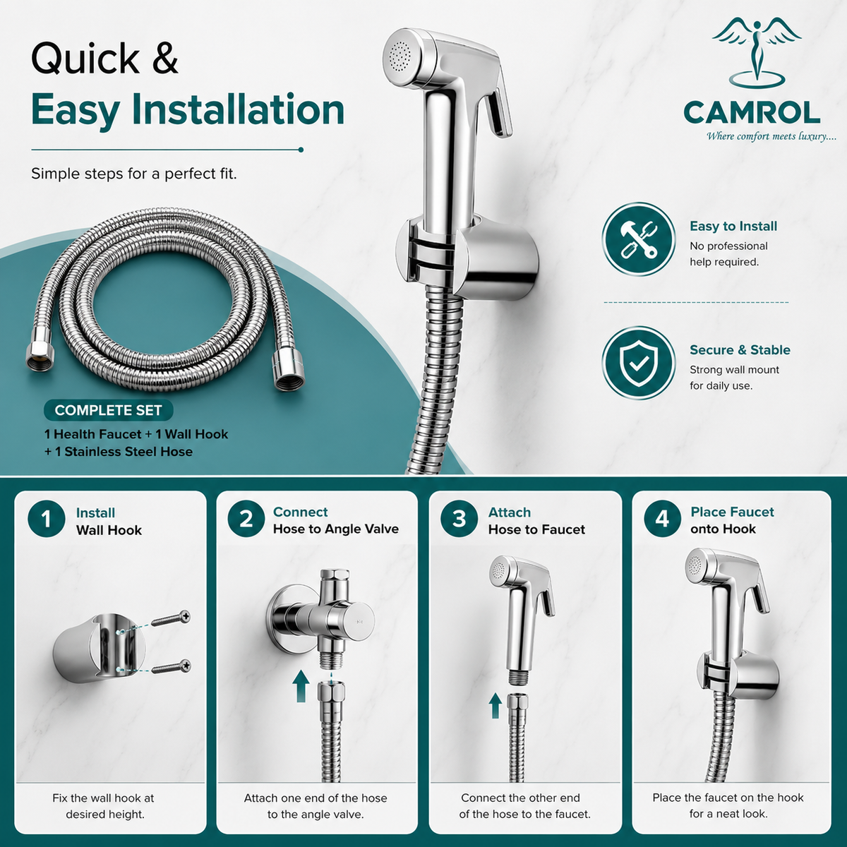 Camrol Conti Heavy Duty Med Tube & ABS Gun Health Faucet with 304 Grade Stainless Steel Hose & Wall Hook | Jet Spray Toilet
