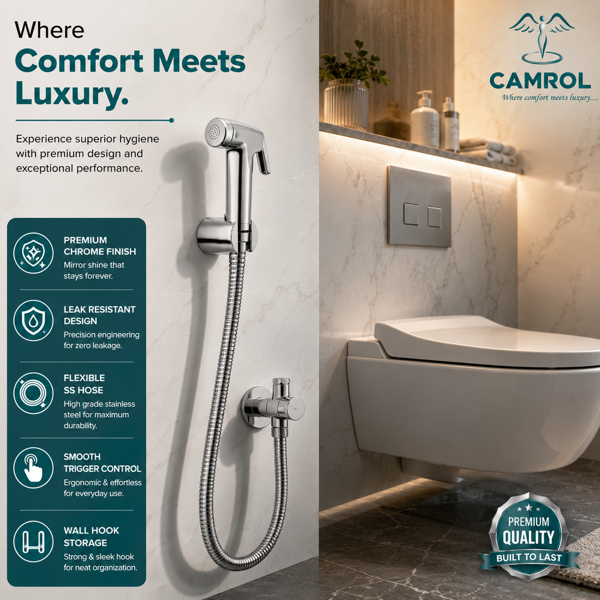 Camrol Conti Heavy Duty Med Tube & ABS Gun Health Faucet with 304 Grade Stainless Steel Hose & Wall Hook | Jet Spray Toilet
