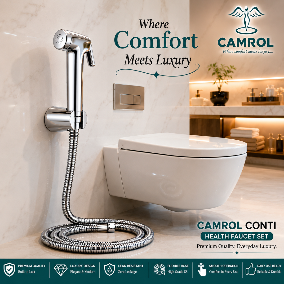 Camrol Conti Heavy Duty Med Tube & ABS Gun Health Faucet with 304 Grade Stainless Steel Hose & Wall Hook | Jet Spray Toilet