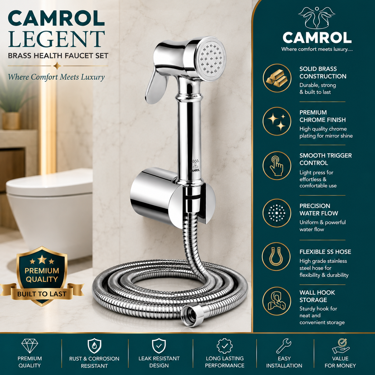 CAMROL Stainless Steel Health Faucet Brass Legent Gun Tube with Sumo Hook for Bathroom | Jet Spray for Toilet | Handheld Bidet Spray | 304 Grade Stainless Steel | Brushed Silver Finish