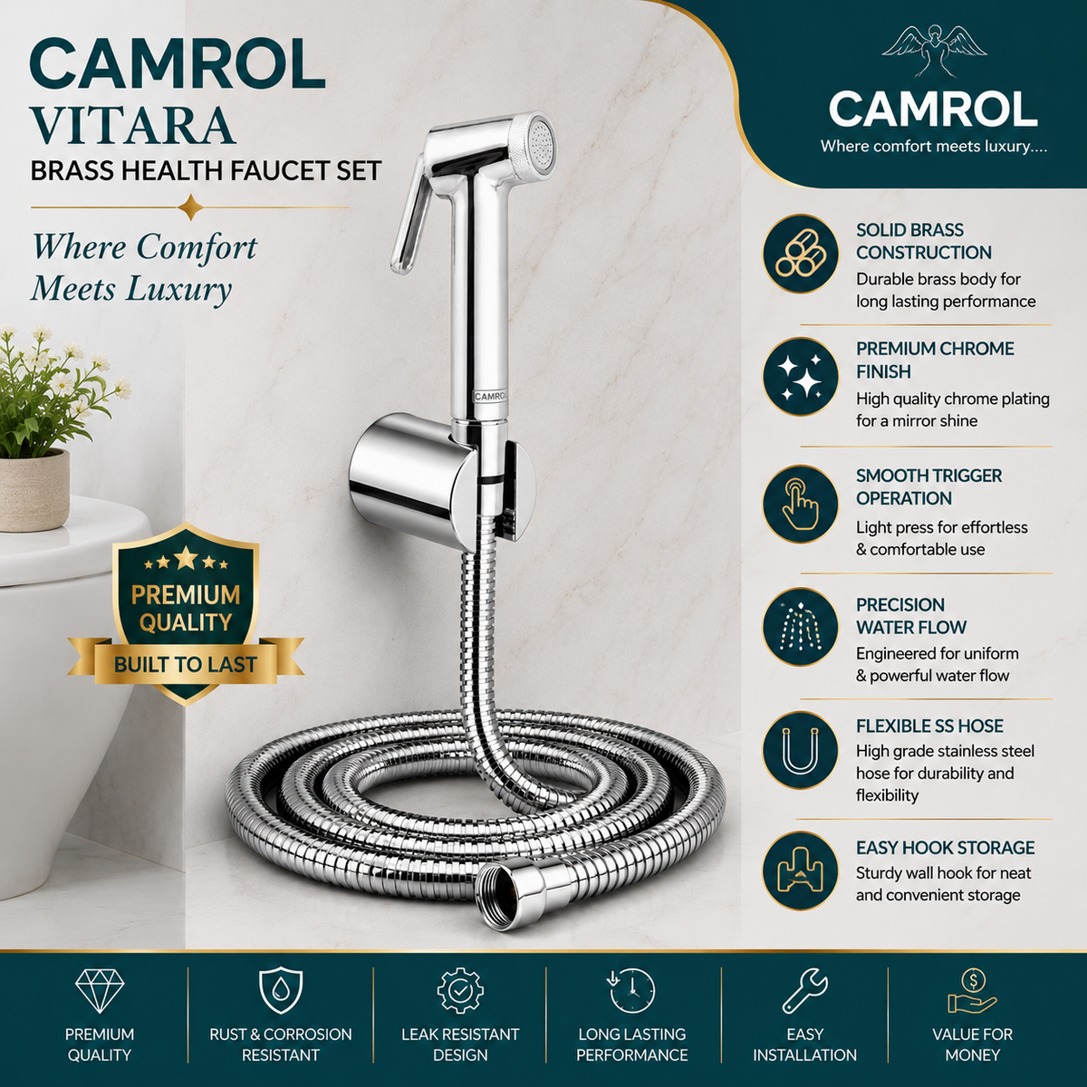 Camrol 304 Stainless Steel Brass Vitara Gun Tube With Sumo Hook Health Faucet | Jet Spray for Bathroom & Toilet | Brushed Silver