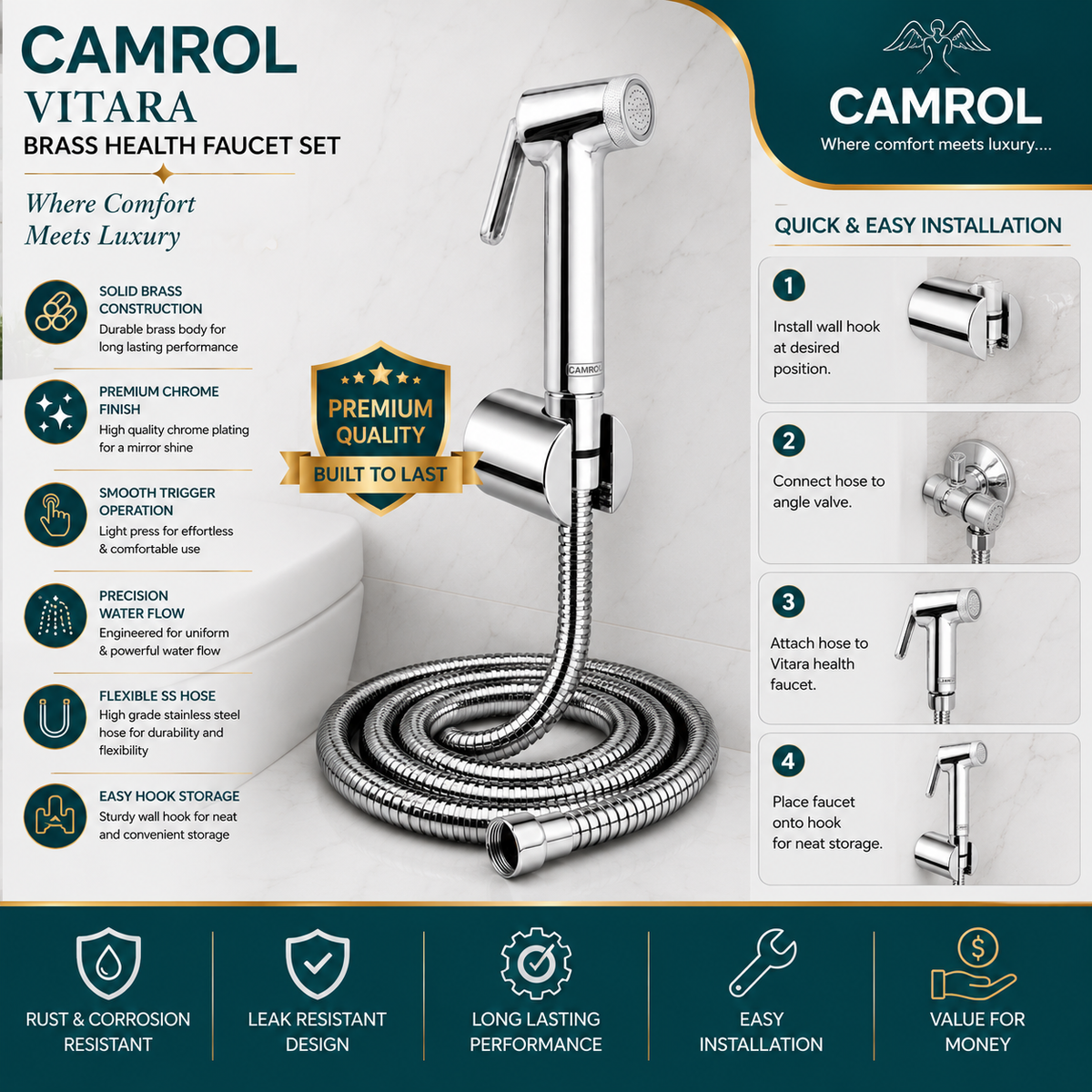 Camrol 304 Stainless Steel Brass Vitara Gun Tube With Sumo Hook Health Faucet | Jet Spray for Bathroom & Toilet | Brushed Silver