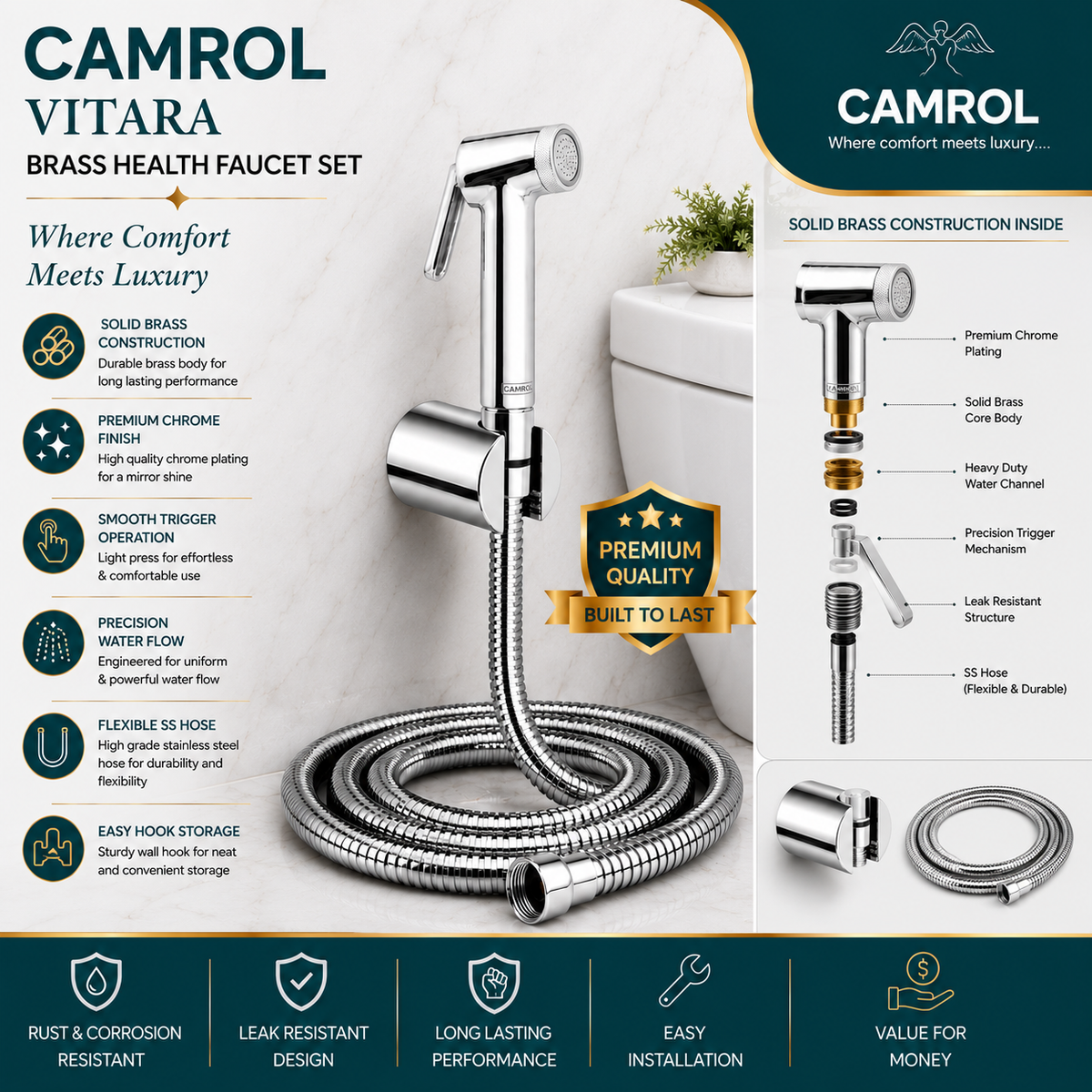Camrol 304 Stainless Steel Brass Vitara Gun Tube With Sumo Hook Health Faucet | Jet Spray for Bathroom & Toilet | Brushed Silver