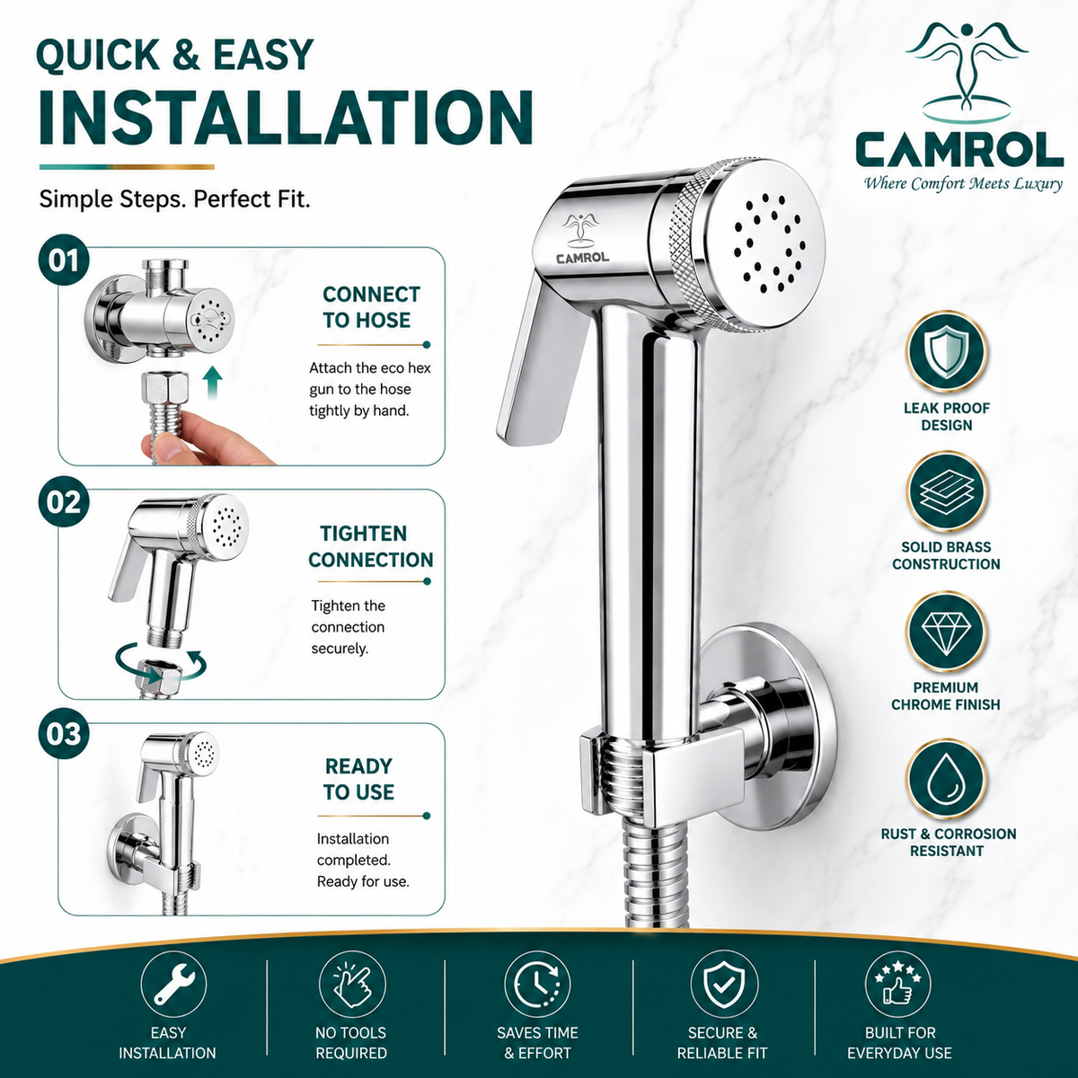 CAMROL Stainless Steel Health Faucet for Bathroom | Jet Spray for Toilet | Handheld Bidet Spray | 304 Grade Stainless Steel | Brushed Silver Finish