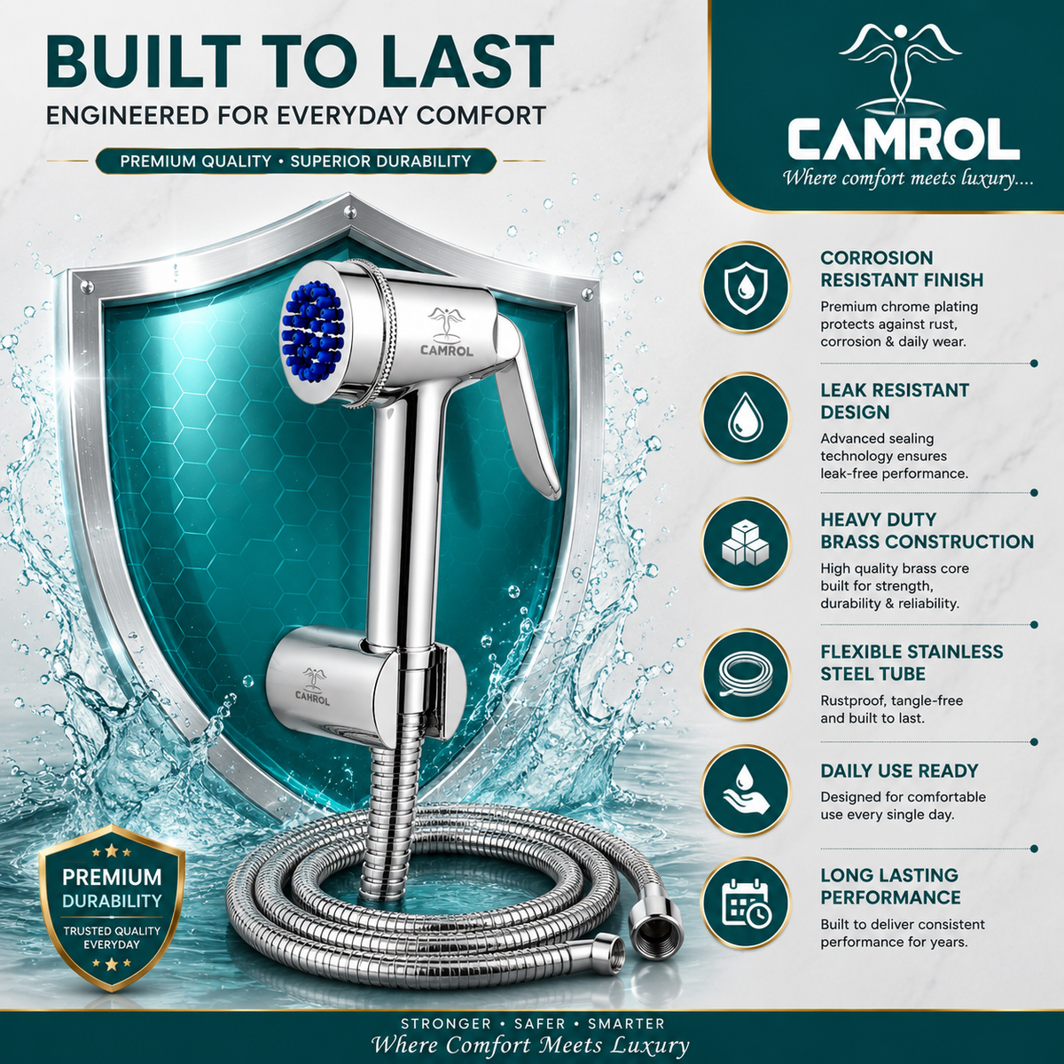 Camrol Stainless Steel ABS Perry Tube With ABS Hook Health Faucet Gun | Jet Spray for Bathroom & Toilet | Brushed Silver | Without Hose & Wall Hook