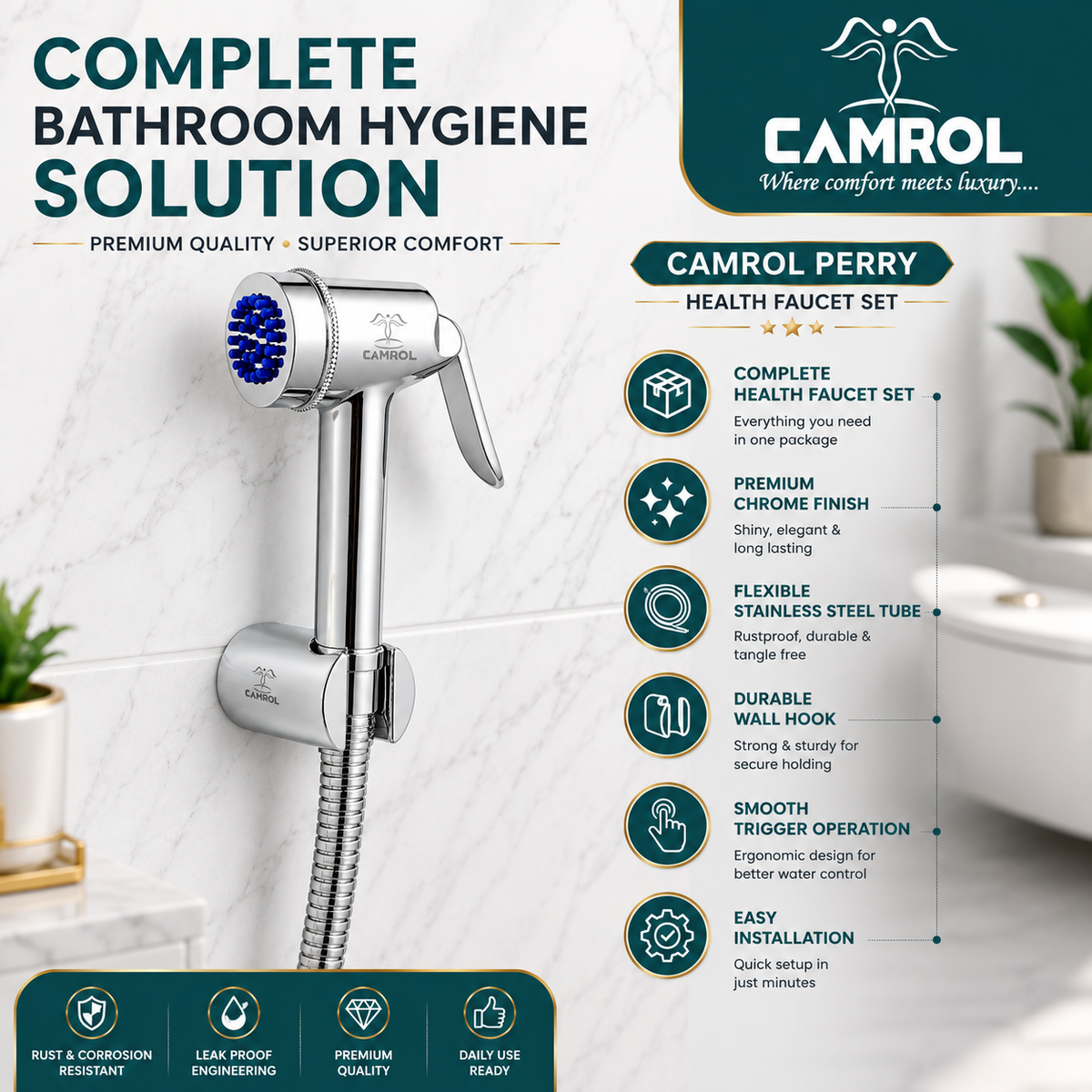 Camrol Stainless Steel ABS Perry Tube With ABS Hook Health Faucet Gun | Jet Spray for Bathroom & Toilet | Brushed Silver | Without Hose & Wall Hook