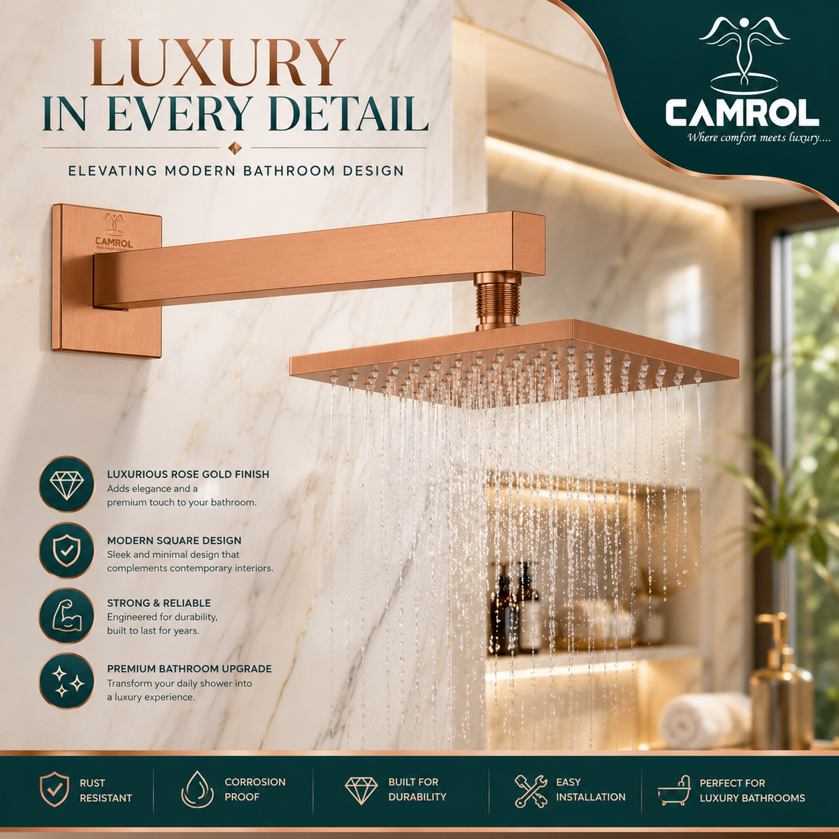 Camrol SHOWER ARM PVD Rose Gold 18"