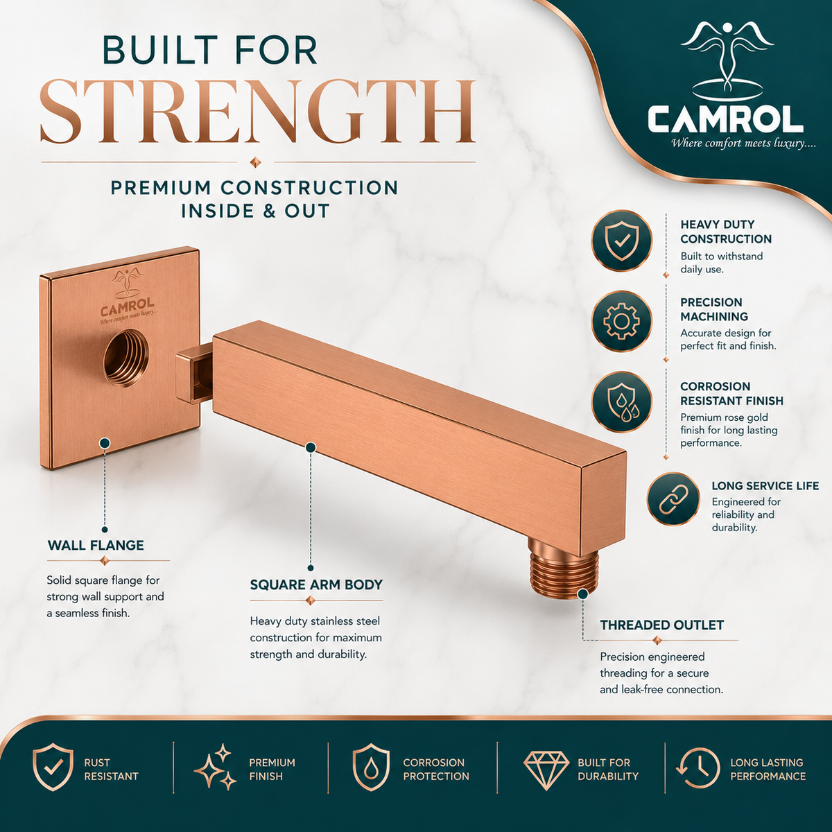 Camrol SHOWER ARM PVD Rose Gold 18"