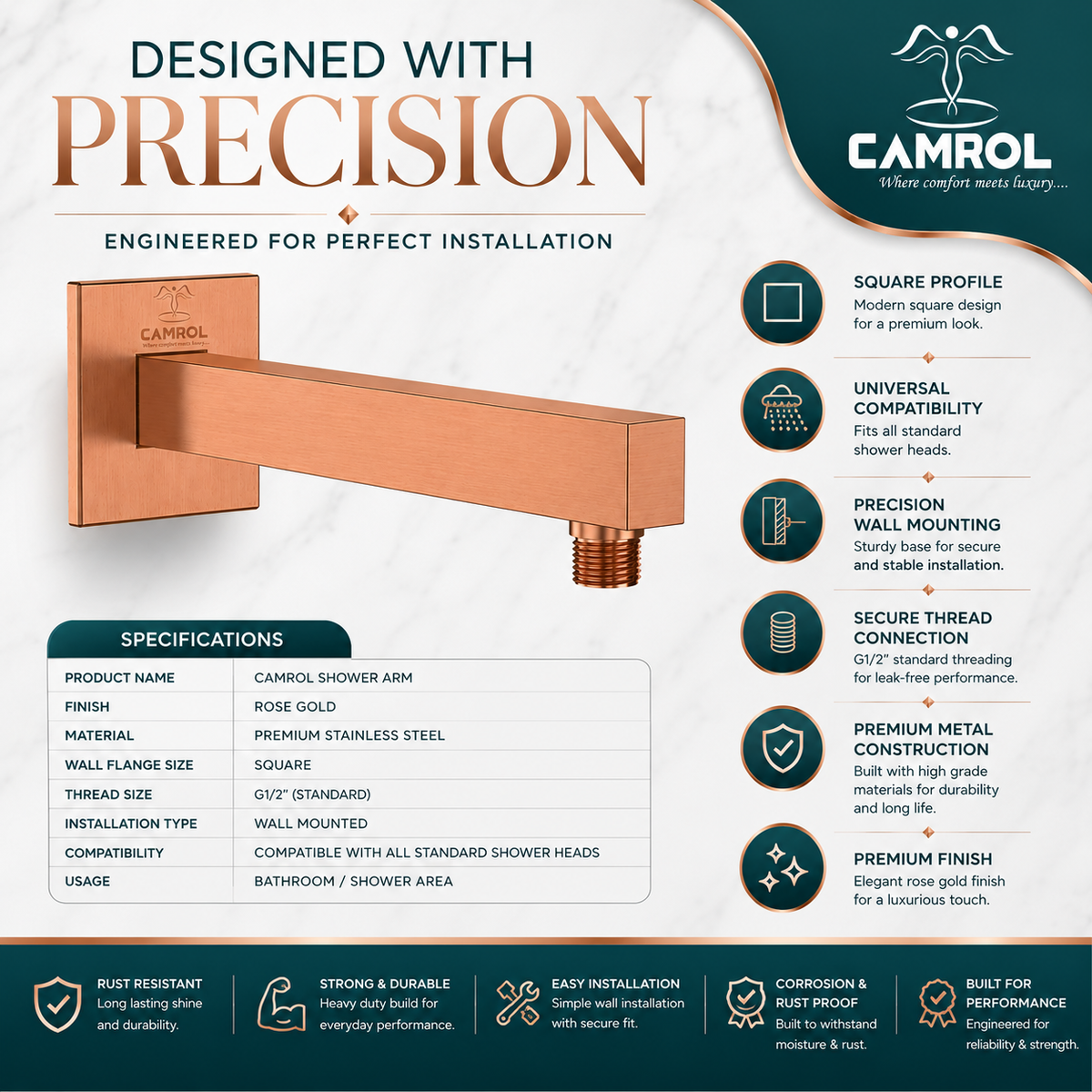 Camrol SHOWER ARM PVD Rose Gold 18"