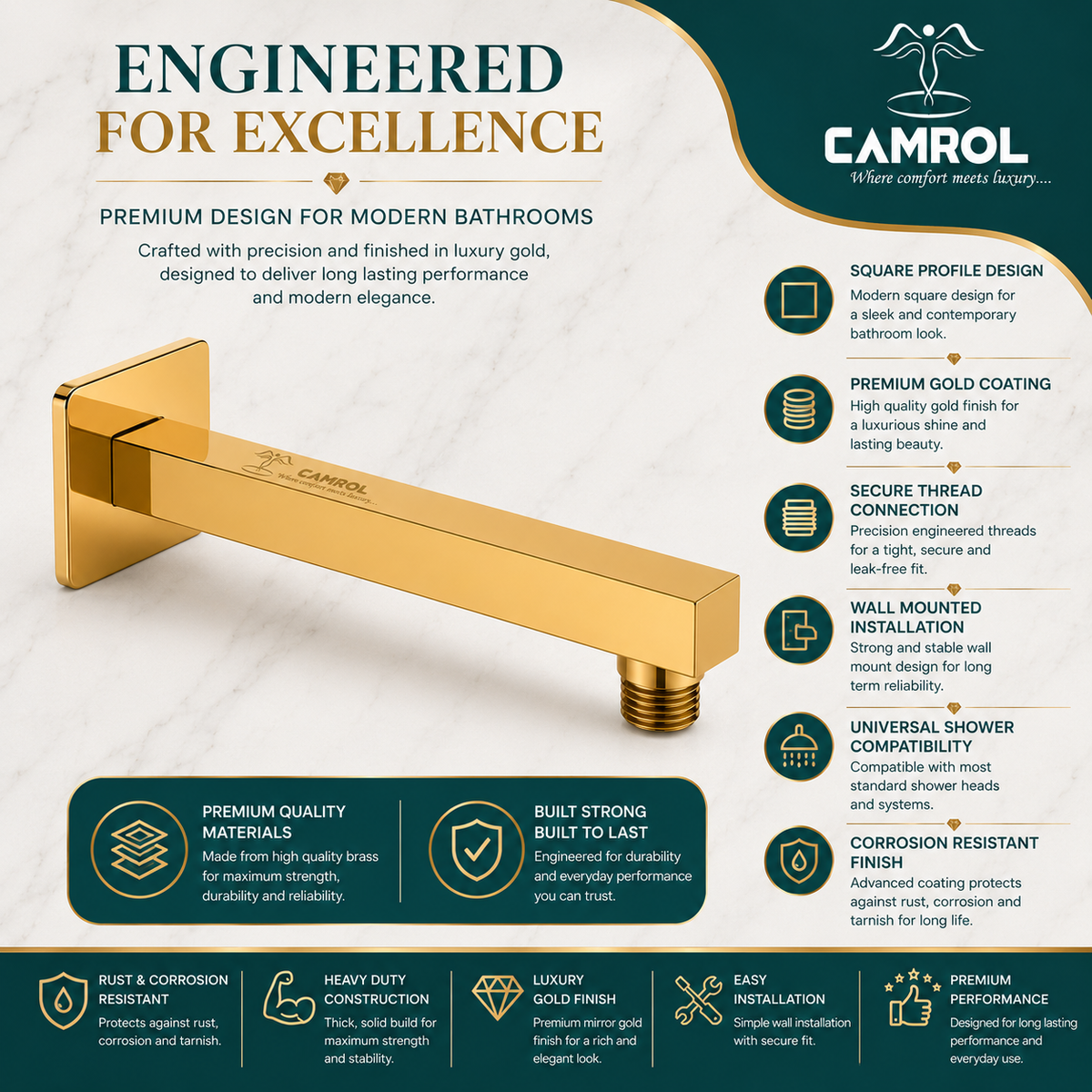 Camrol SHOWER ARM PVD Gold 18"