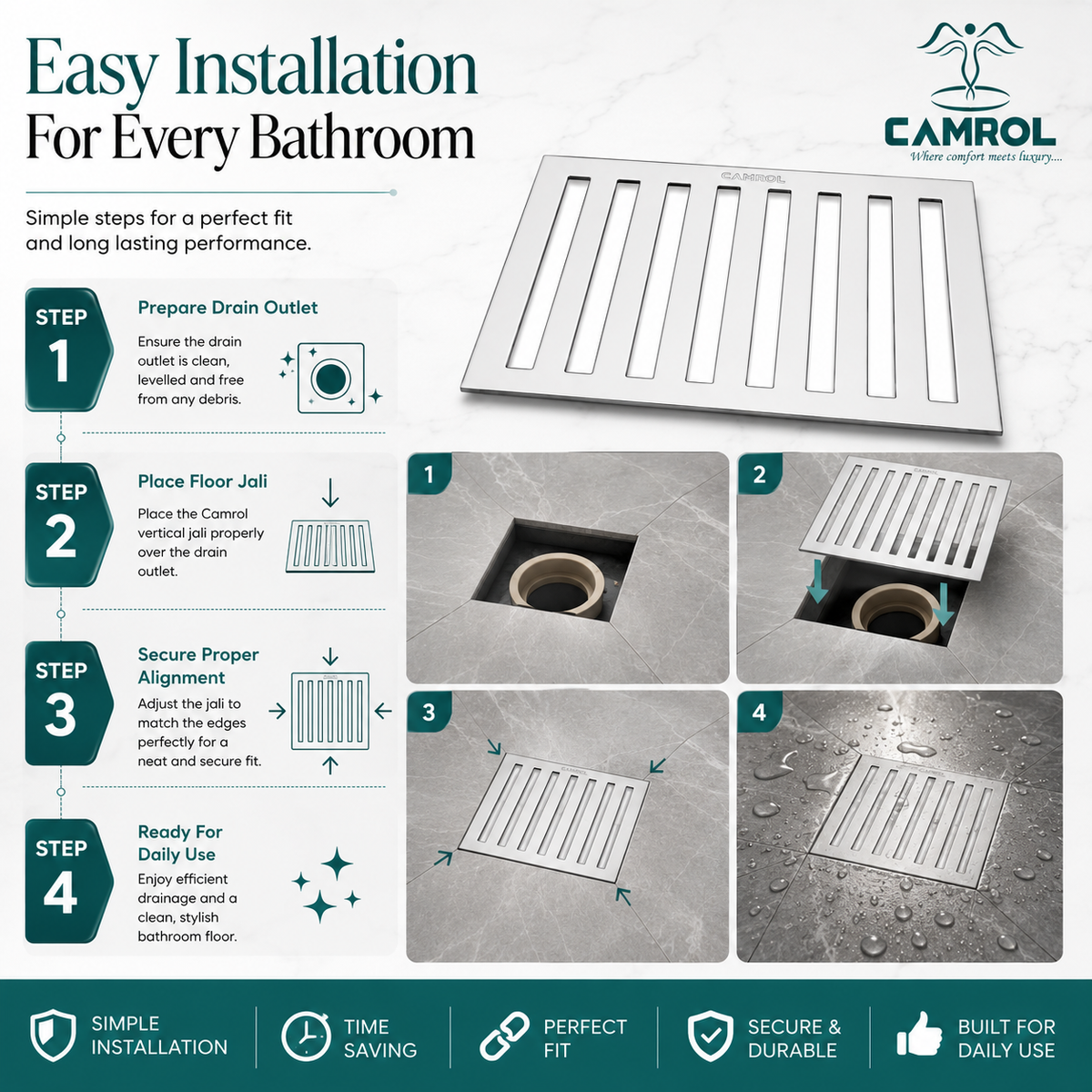 Camrol Jali Premium Square Vertical Grating Stainless Steel Floor Drain | Premium Drain Cover | Rust & Corrosion Resistant | Square Floor Drain for Bathroom, Kitchen, Balcony & Terrace