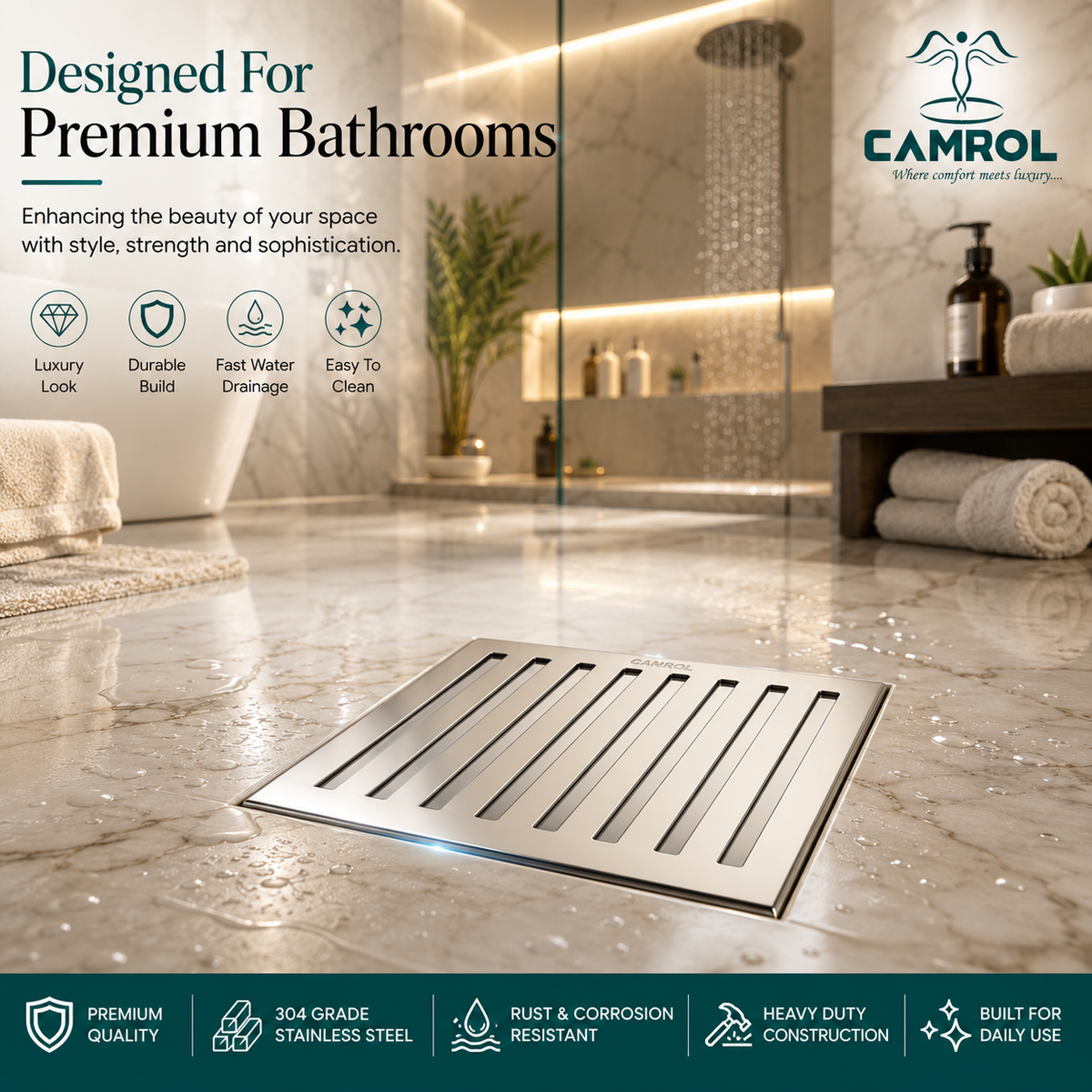 Camrol Jali Premium Square Vertical Grating Stainless Steel Floor Drain | Premium Drain Cover | Rust & Corrosion Resistant | Square Floor Drain for Bathroom, Kitchen, Balcony & Terrace