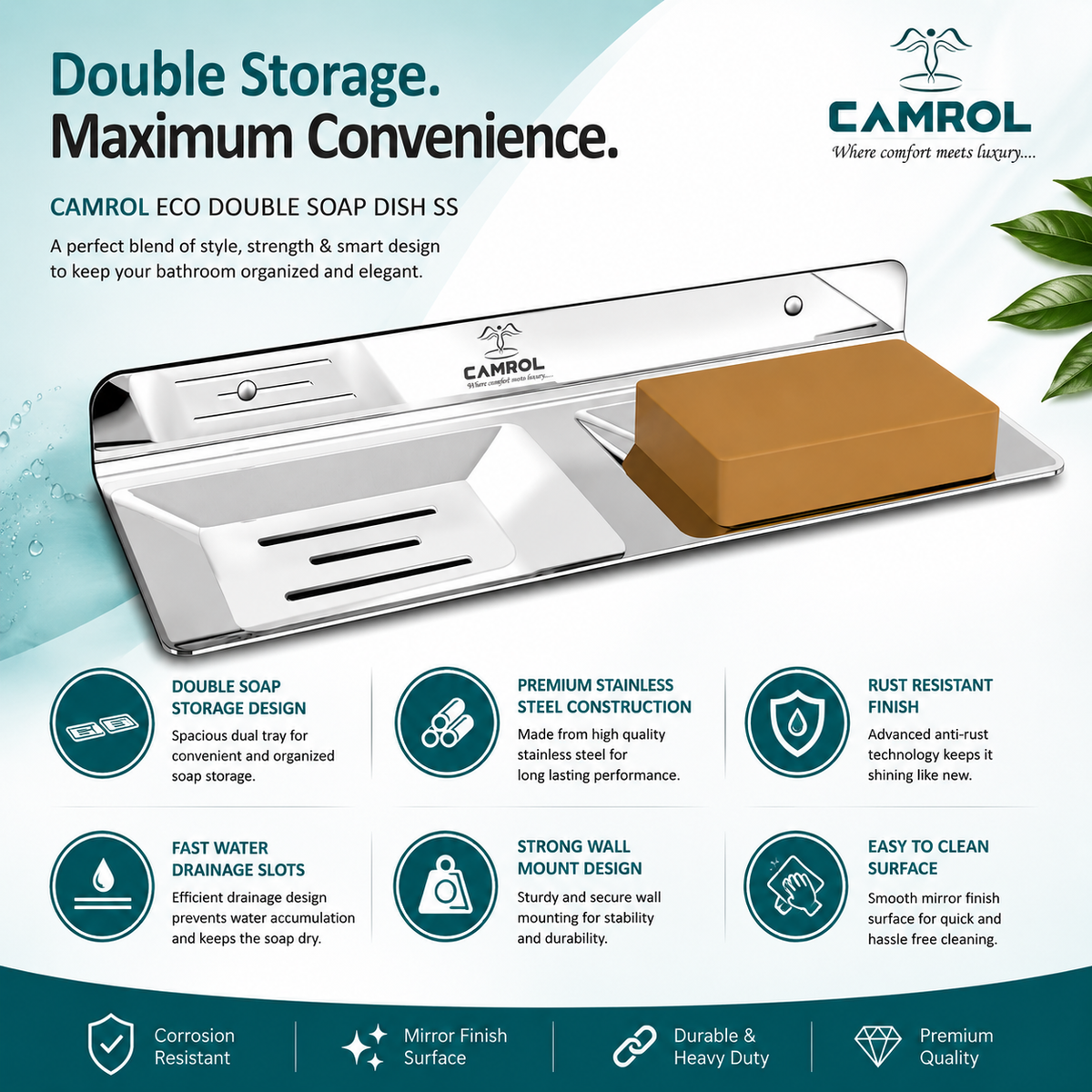 Camrol Stainless Steel Double Soap Holder | Wall Mounted Double Soap Dish | Bathroom & Kitchen Soap Stand | Chrome
