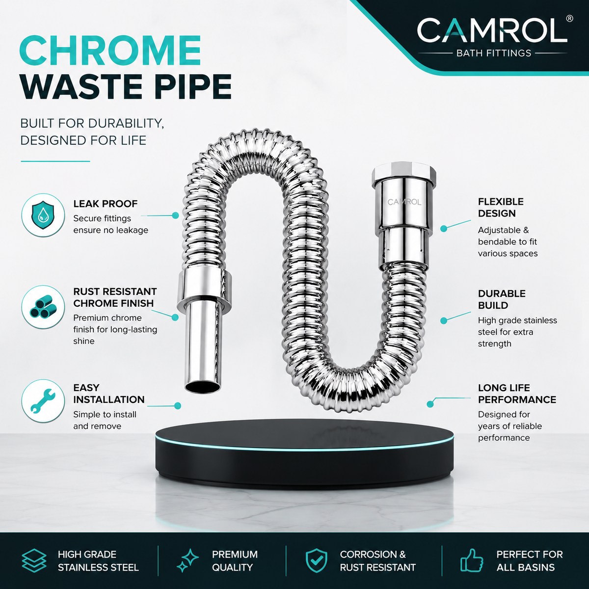 Camrol PVC Water Outlet Waste Pipe / CP Hose Pipe for Bathroom Wash Basin & Kitchen Sink | Flexible & Stretchable | Chrome Finish