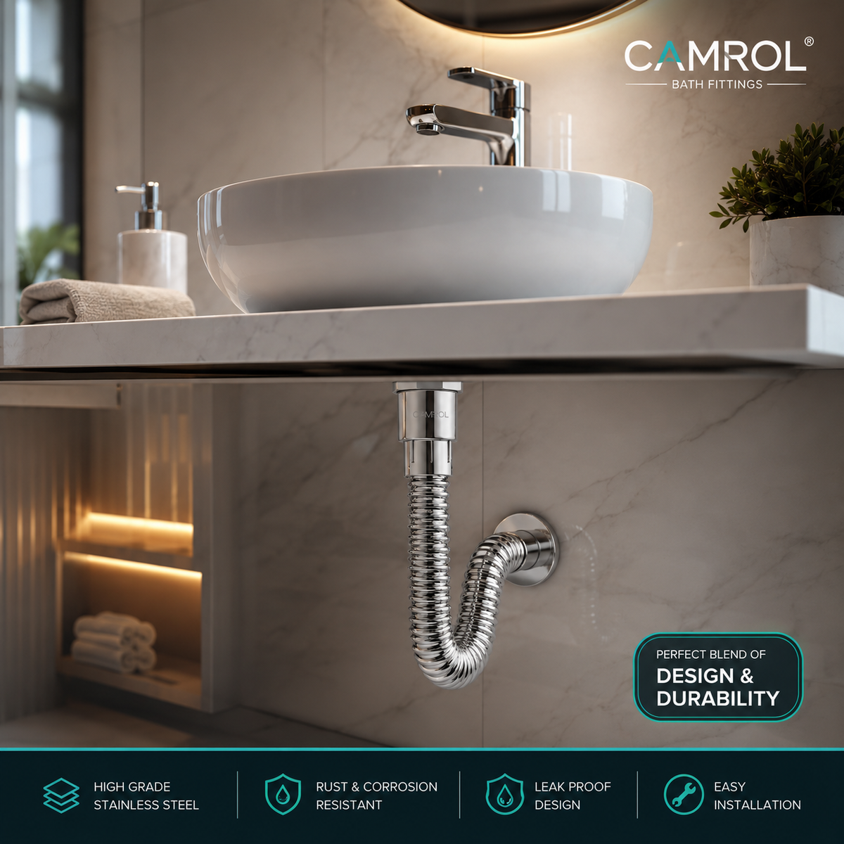 Camrol PVC Water Outlet Waste Pipe / CP Hose Pipe for Bathroom Wash Basin & Kitchen Sink | Flexible & Stretchable | Chrome Finish
