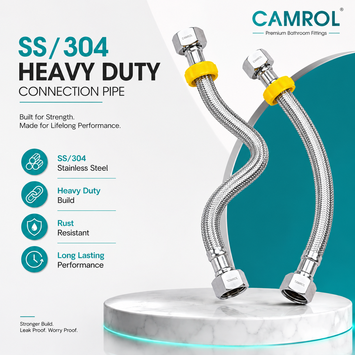 Camrol SS/304 Heavy Stainless Steel Braided Flexible Connection Pipe for Geyser, Wash Basin & Toilet Flush | SS Wire Water Supply Hose | Leak Resistant & Rust Resistant | Silver