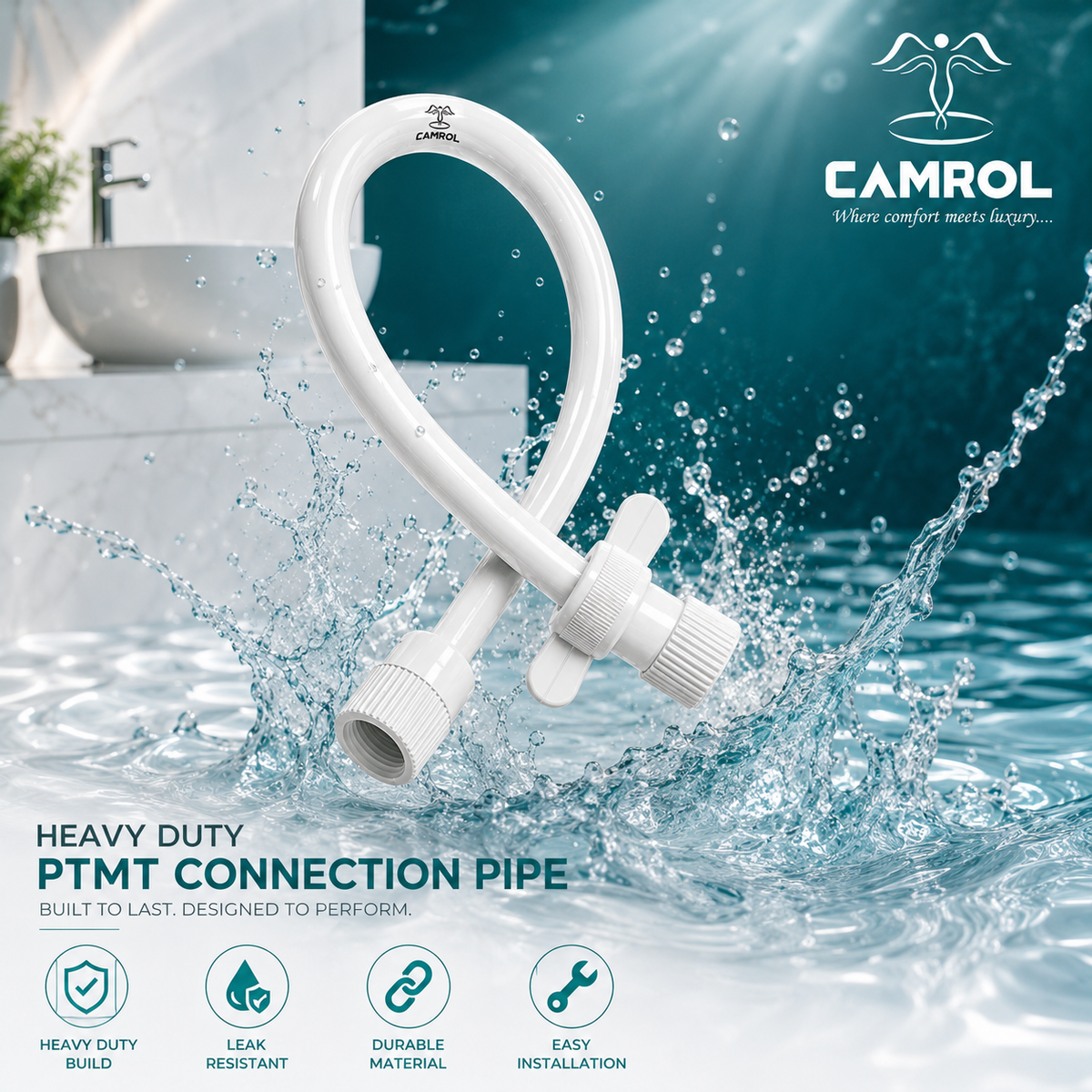 Camrol PTMT Heavy-Duty Connection Pipe | For Wash Basin, Geyser & Flush Tanks | White | Bathroom Plumbing Accessory