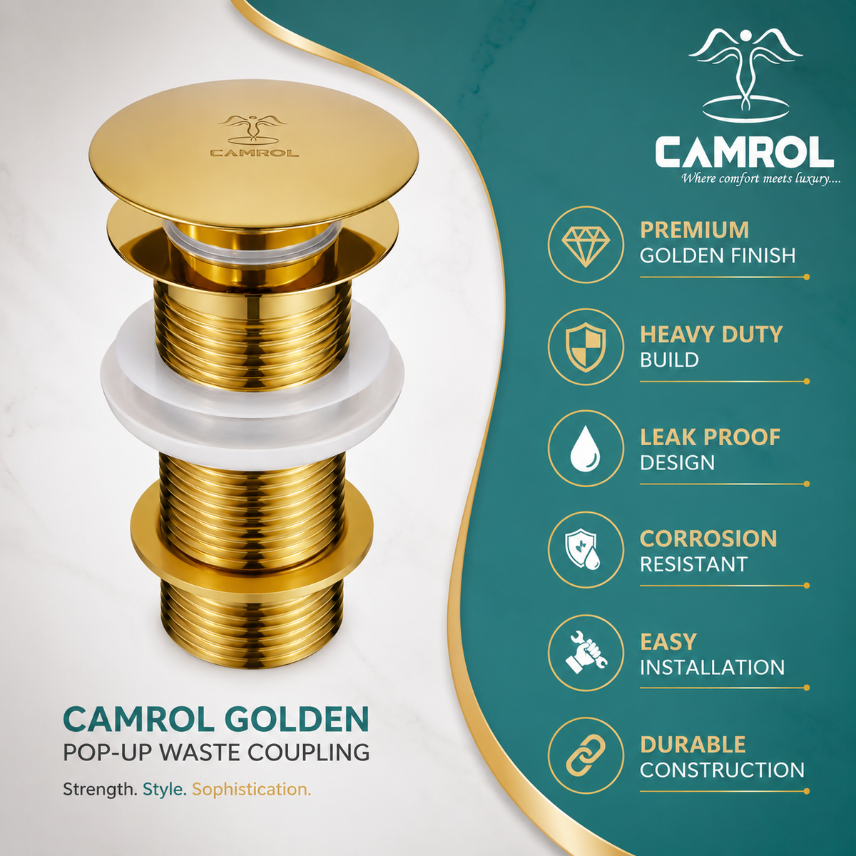 Camrol Brass Golden Pop-Up Waste Coupling for Wash Basin | Gold Glossy