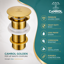 Camrol Brass Golden Pop-Up Waste Coupling for Wash Basin | Gold Glossy