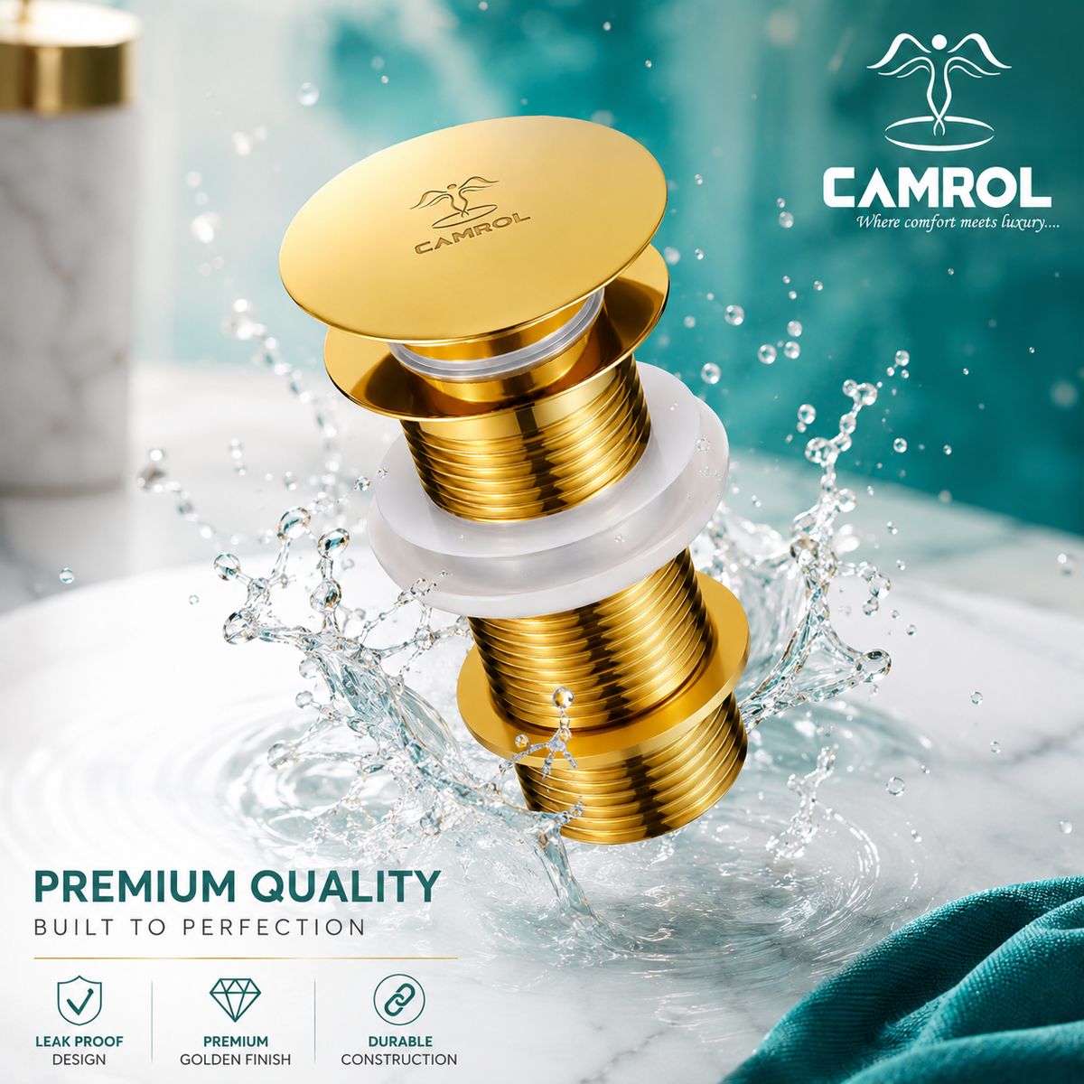 Camrol Brass Golden Pop-Up Waste Coupling for Wash Basin | Gold Glossy