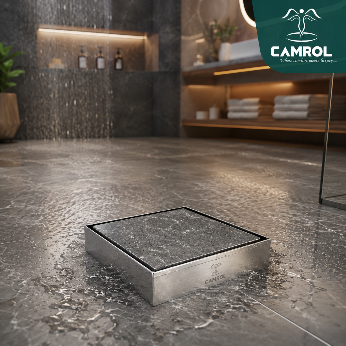 Camrol Square Tile Insert Floor Drain | 304 Stainless Steel | Invisible Shower Drain Channel | Waste Water Floor Drain for 13mm Tile | Drainer Channel | Anti Cockroach Trap | Silver