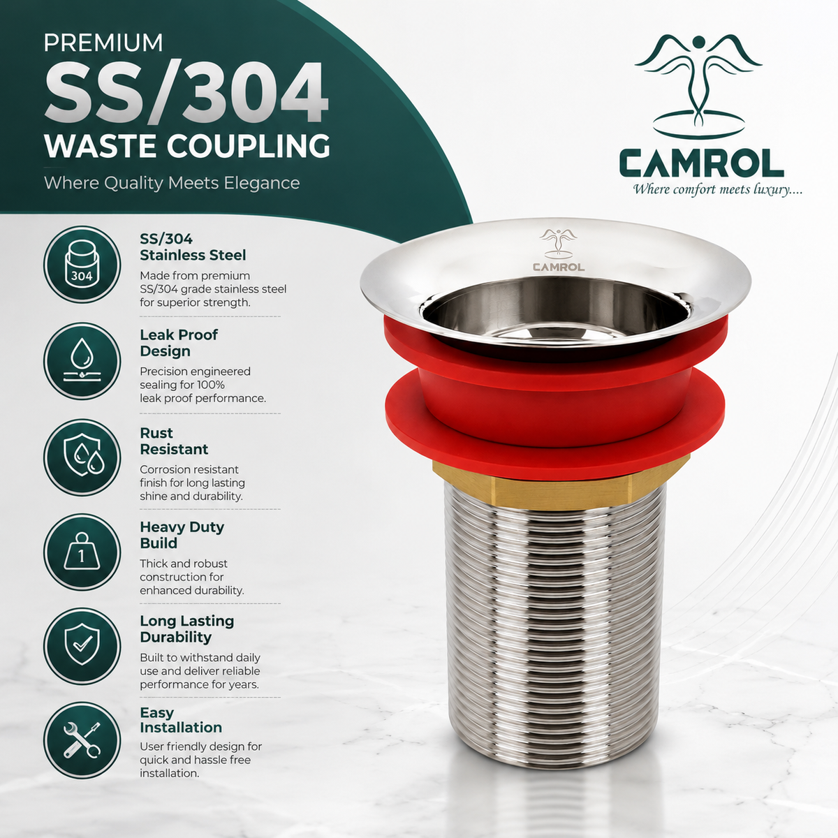 Camrol Stainless Steel Kitchen Sink Pre Waste Coupling | Waste Coupling for Wash Basin & Kitchen Sink | Silver