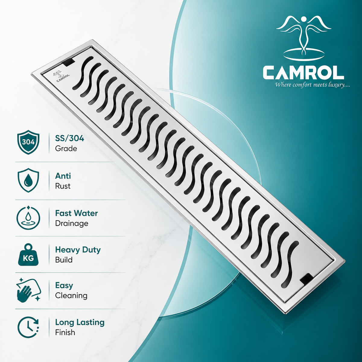 Camrol Shower Drain Wave Channel | 304 Grade Stainless Steel Floor Drain | Brushed Finish | Removable Grate with Cockroach Trap & Side Hole