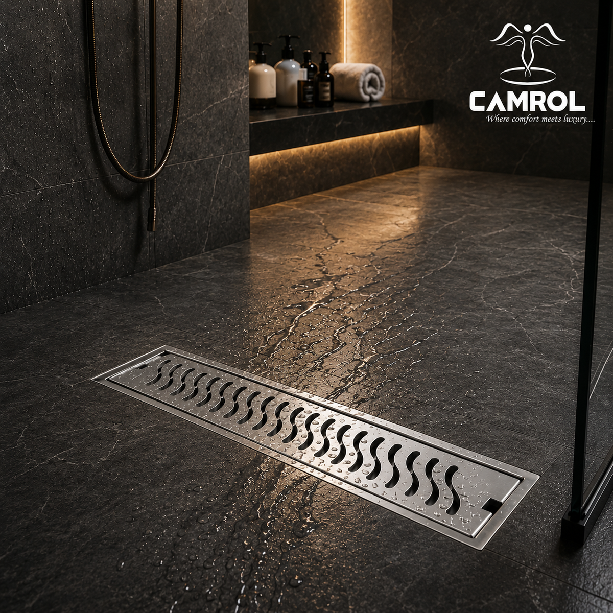 Camrol Shower Drain Wave Channel | 304 Grade Stainless Steel Floor Drain | Brushed Finish | Removable Grate with Cockroach Trap & Side Hole