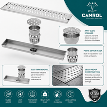 Camrol Shower Drain Wave Channel | 304 Grade Stainless Steel Floor Drain | Brushed Finish | Removable Grate with Cockroach Trap & Side Hole