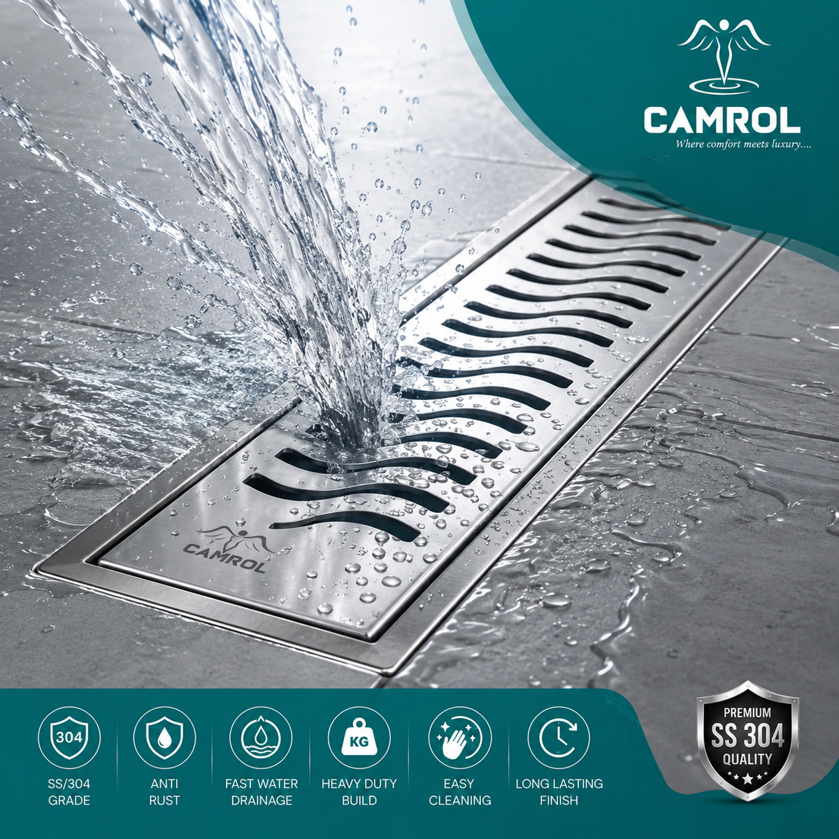 Camrol Shower Drain Wave Channel | 304 Grade Stainless Steel Floor Drain | Brushed Finish | Removable Grate with Cockroach Trap & Side Hole