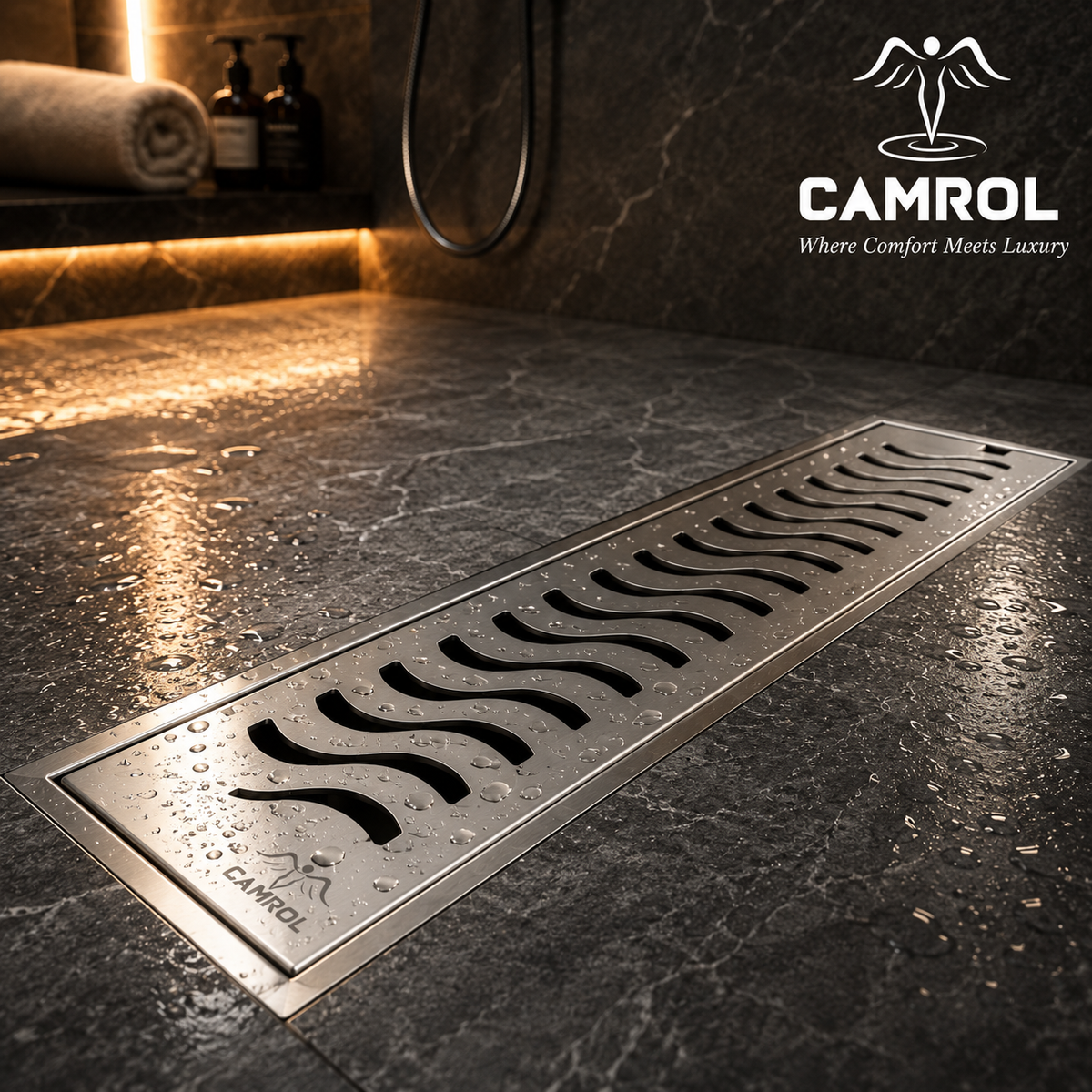 Camrol Shower Drain Wave Channel | 304 Grade Stainless Steel Floor Drain | Brushed Finish | Removable Grate with Cockroach Trap & Side Hole