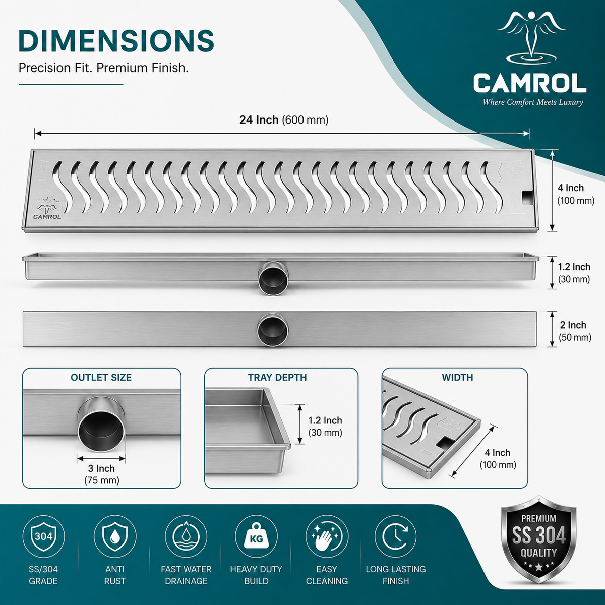 Camrol Shower Drain Wave Channel | 304 Grade Stainless Steel Floor Drain | Brushed Finish | Removable Grate with Cockroach Trap & Side Hole