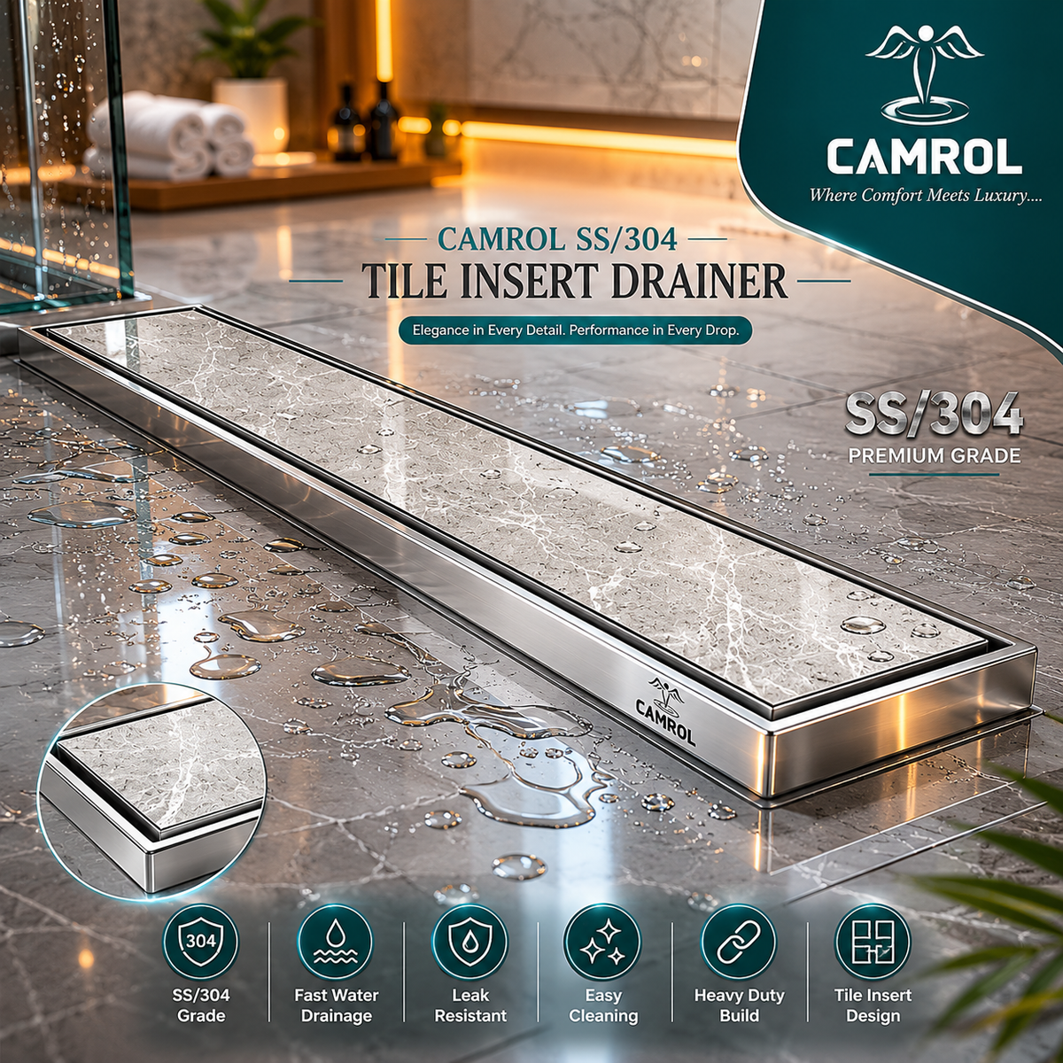 Camrol Tile Insert Shower Drain Channel | 304 Stainless Steel Invisible Shower Drain Channel | Drain Channel with Cockroach Trap and Side Hole